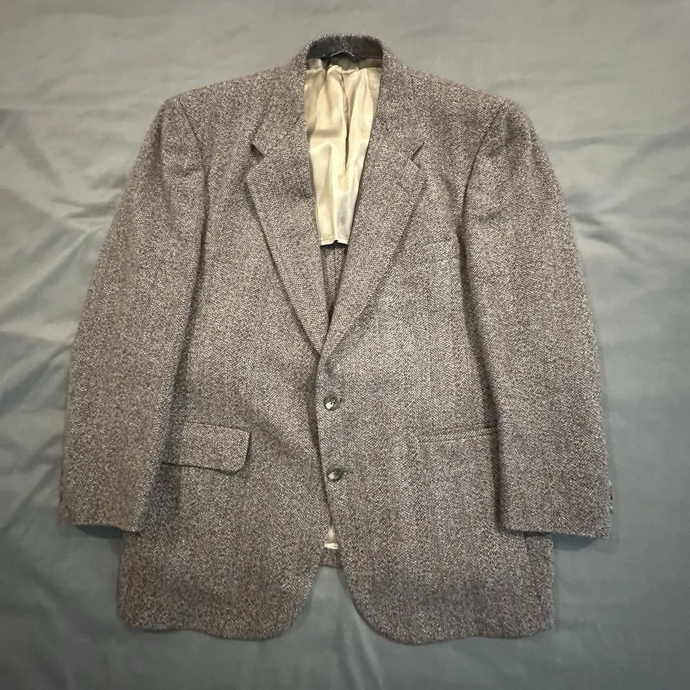 Vintage 80s Kingsridge Tweed Blazer Mens 44 Herringbone Wool Sport Coat Made USA